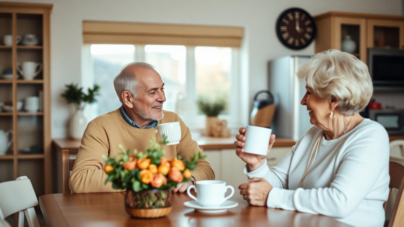 Two older adults sharing coffee in a warm kitchen